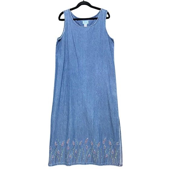 VTG Jane Ashley LARGE 2PC Denim Midi Dress Short Sleeve Shirt Floral Embroidered - Picture 9 of 13